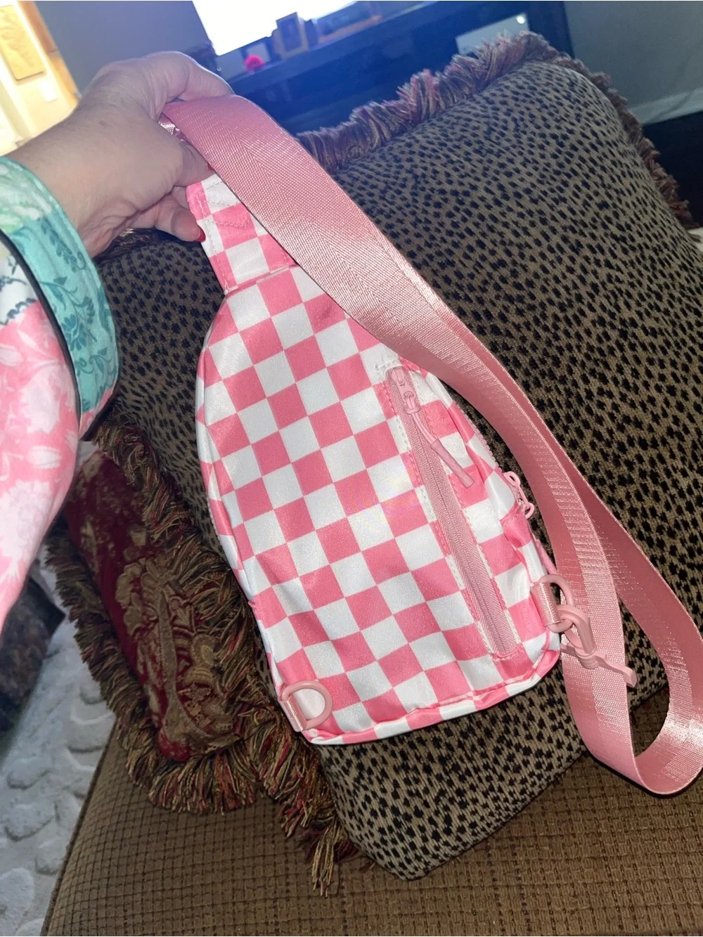 Pink Checkered Sling Crossbody Bag